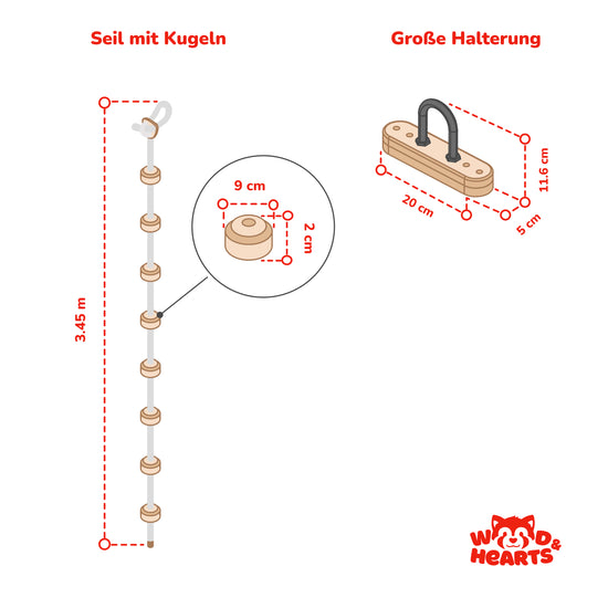 Deckenmontiertes Klettertau mit Holzkugeln