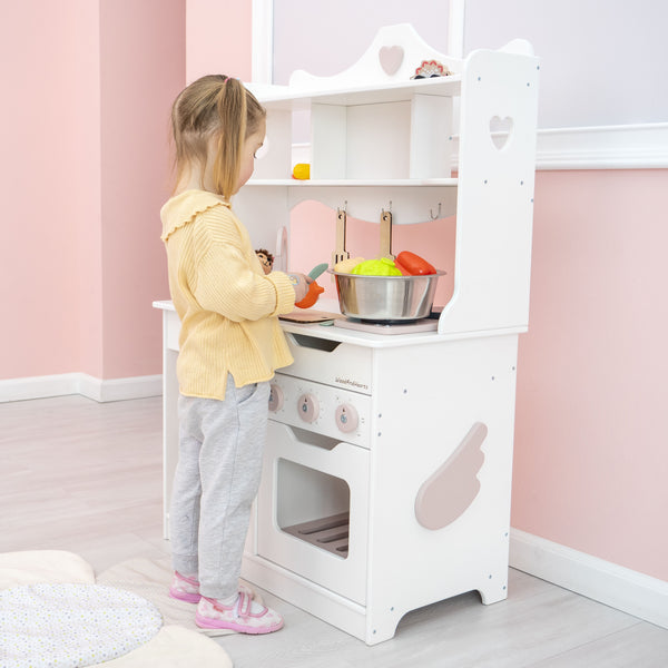 Mädchen Spielzeugküche für Kleinkinder, dass sie in Weiß + Rosa Farben spielen