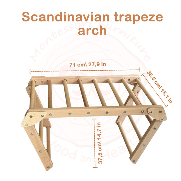 Hölzernes skandinavisches 2in1 Kletter-Set, Trapezbogen+zweiseitige Rutsche, Naturholz