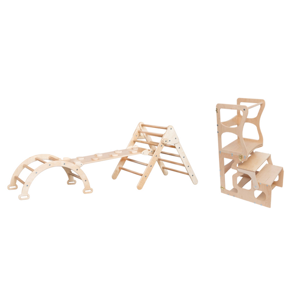 4 Kletterspielzeug für Kleinkinder: Montessori Rutsche+Dreieck+Bogen+Lernhocker, kleine Größe