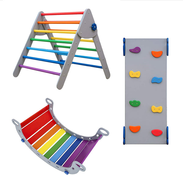 Montessori -Set von 3 Elementen: 1 Wippe +1 Rutsche+1 Dreieck Großgröße Grau+Regenbogen