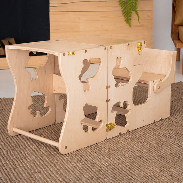Montessori Set von 4 Elementen: Große Rutsche+Dreieck+Bogen+1 Lernstuhl mit Tierdesign