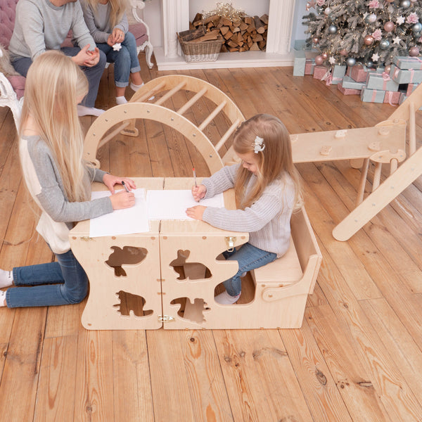 Montessori Set von 4 Elementen: Große Rutsche+Dreieck+Bogen+1 Lernstuhl mit Tierdesign