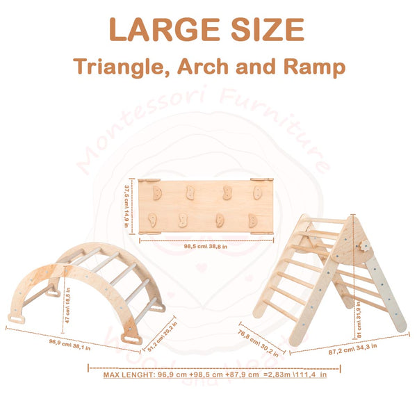 Montessori Set von 4 Elementen: Große Rutsche+Dreieck+Bogen+1 Lernstuhl mit Tierdesign