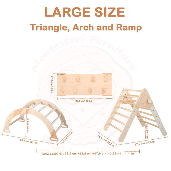 Montessori -Set von 5 Elementen: 2 Rampen, 1 Dreieck, 1 Bogen und 1 Wippe große Größe