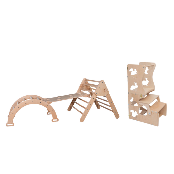 Montessori Set von 4 Elementen: Große Rutsche+Dreieck+Bogen+1 Lernstuhl mit Tierdesign